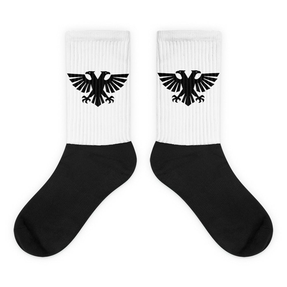 Imperial Logo sci‑fi gaming crew socks by Völkur Peak, black socks with bold white and red logo design, cushioned sole and ribbed leg