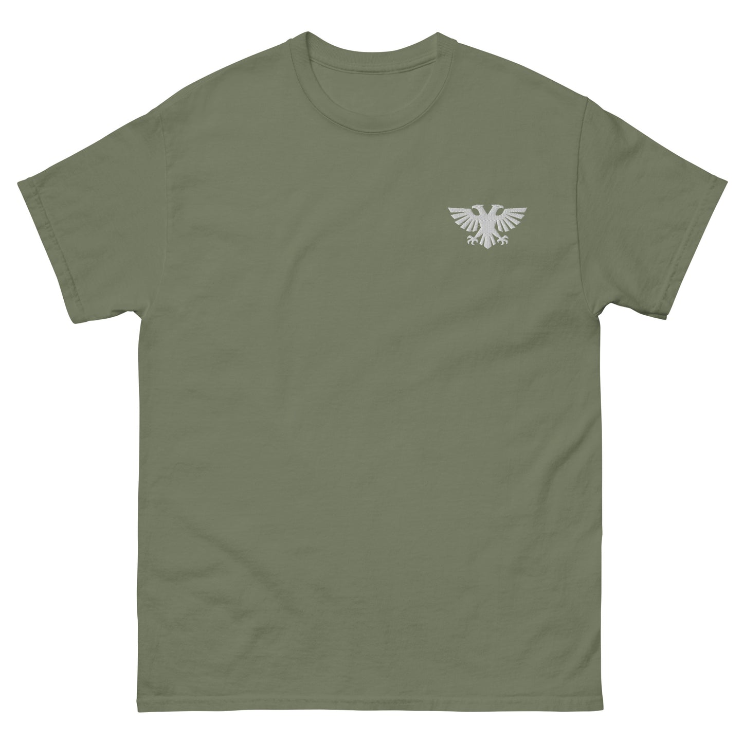 Front view of military green Völkur Peak Forge Warhammer 40K logo t-shirt tabletop gaming apparel