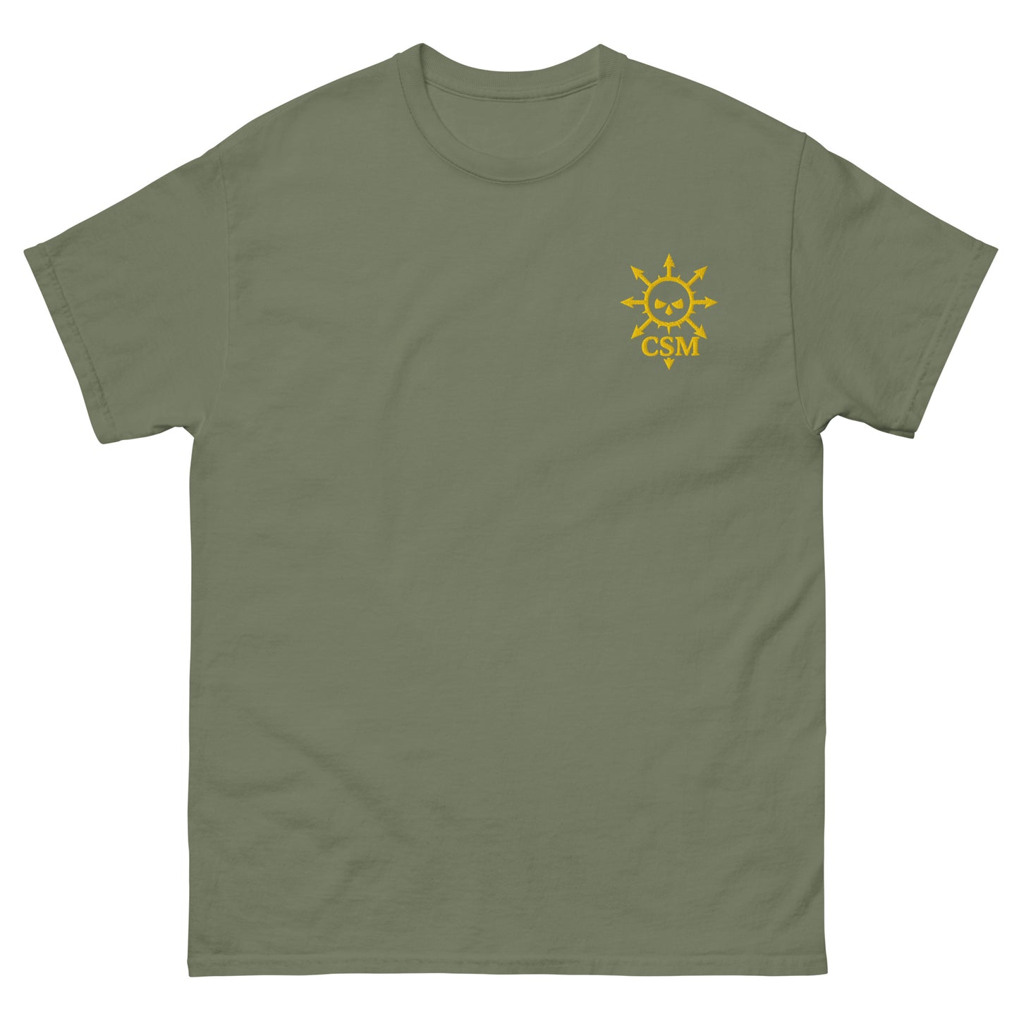 Lie-flat military green t-shirt featuring a custom Chaos Space Marine-style embroidered logo, unisex fit, sci-fi gaming inspired design