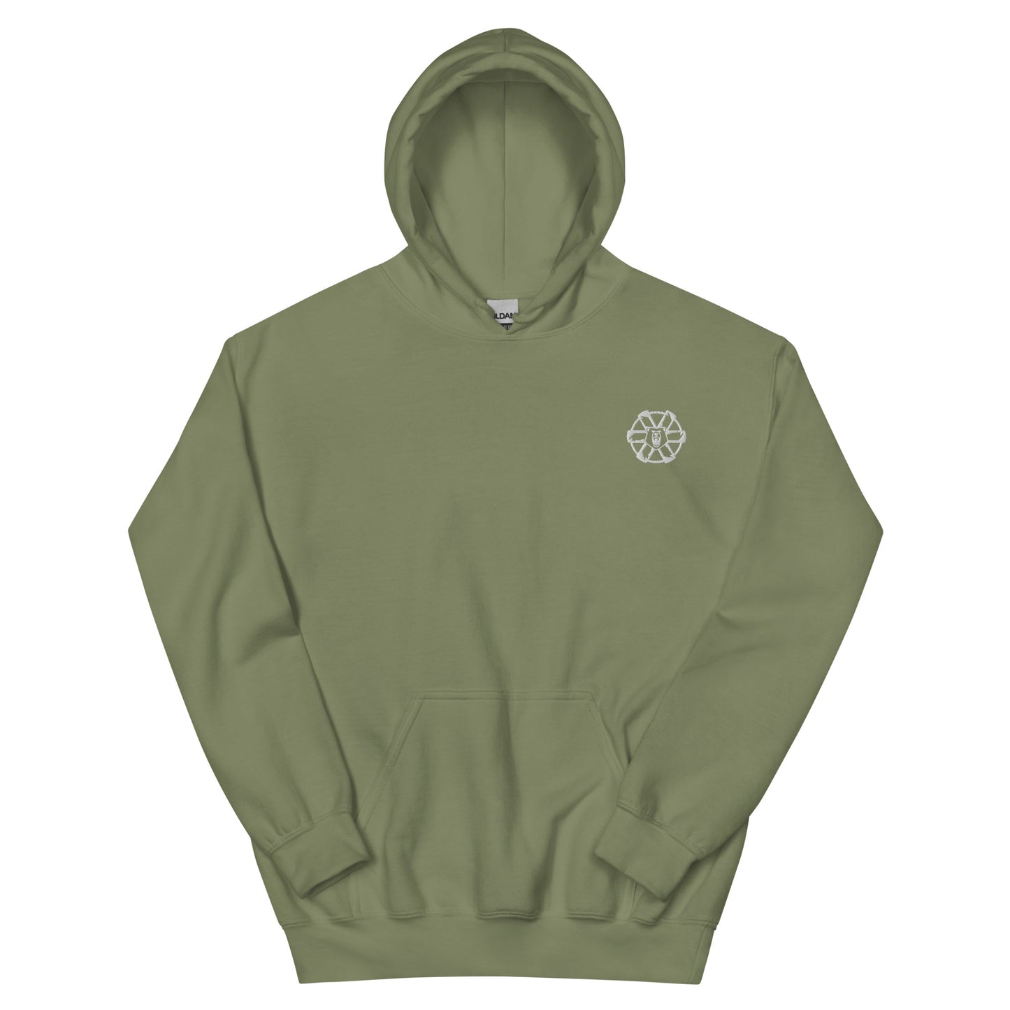 Military green sci-fi mech clan hoodie laid flat, front view, featuring embroidered futuristic mech clan emblem on the chest. Tabletop and wargaming inspired apparel.
