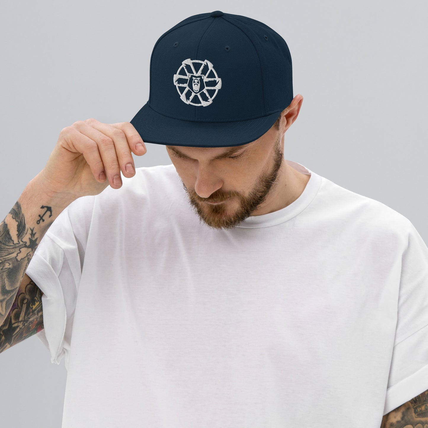 Battletech Clan Ghost Bear Snapback Hat On Model – Navy