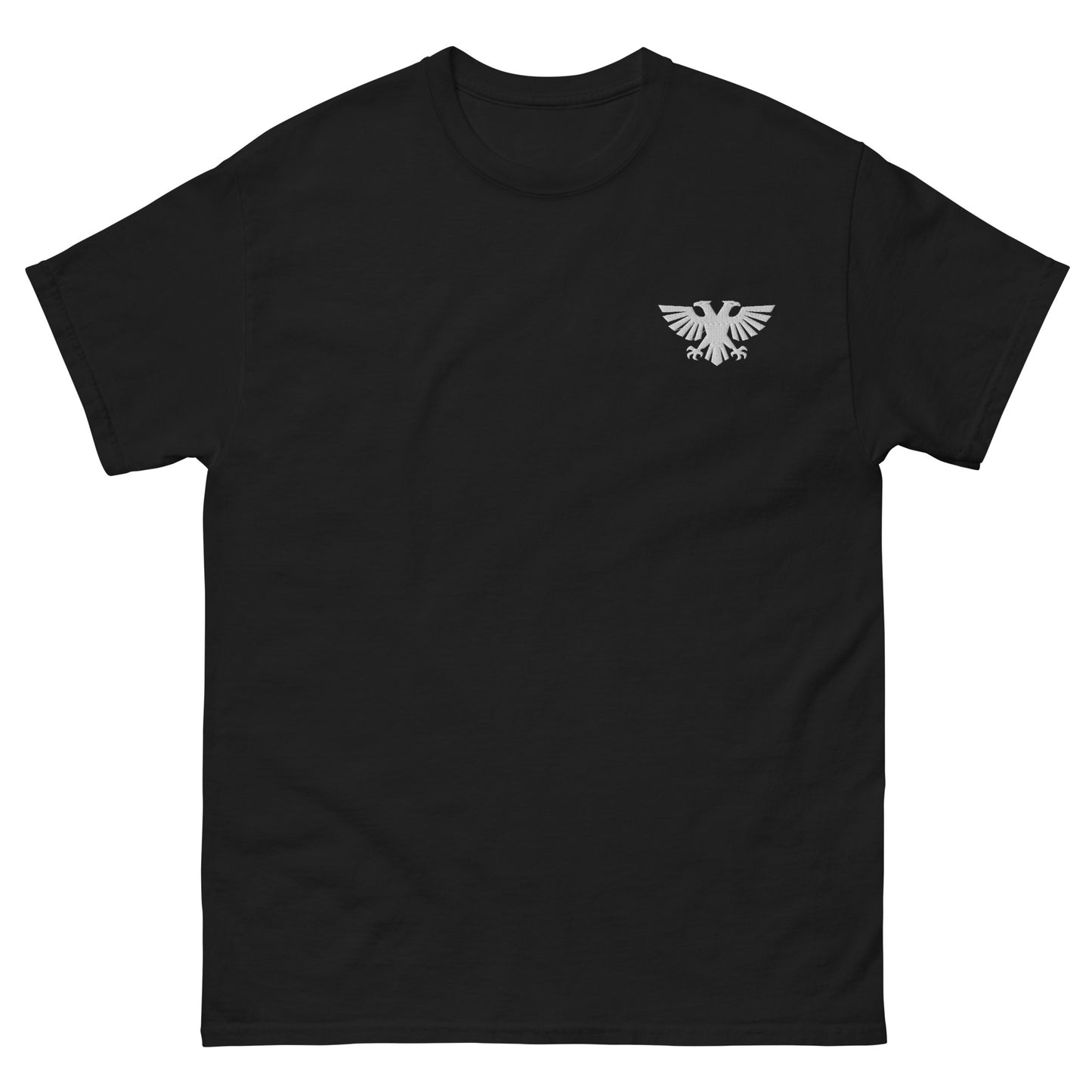 Lie flat view of black Völkur Peak Forge Warhammer 40K logo t-shirt tabletop gaming apparel