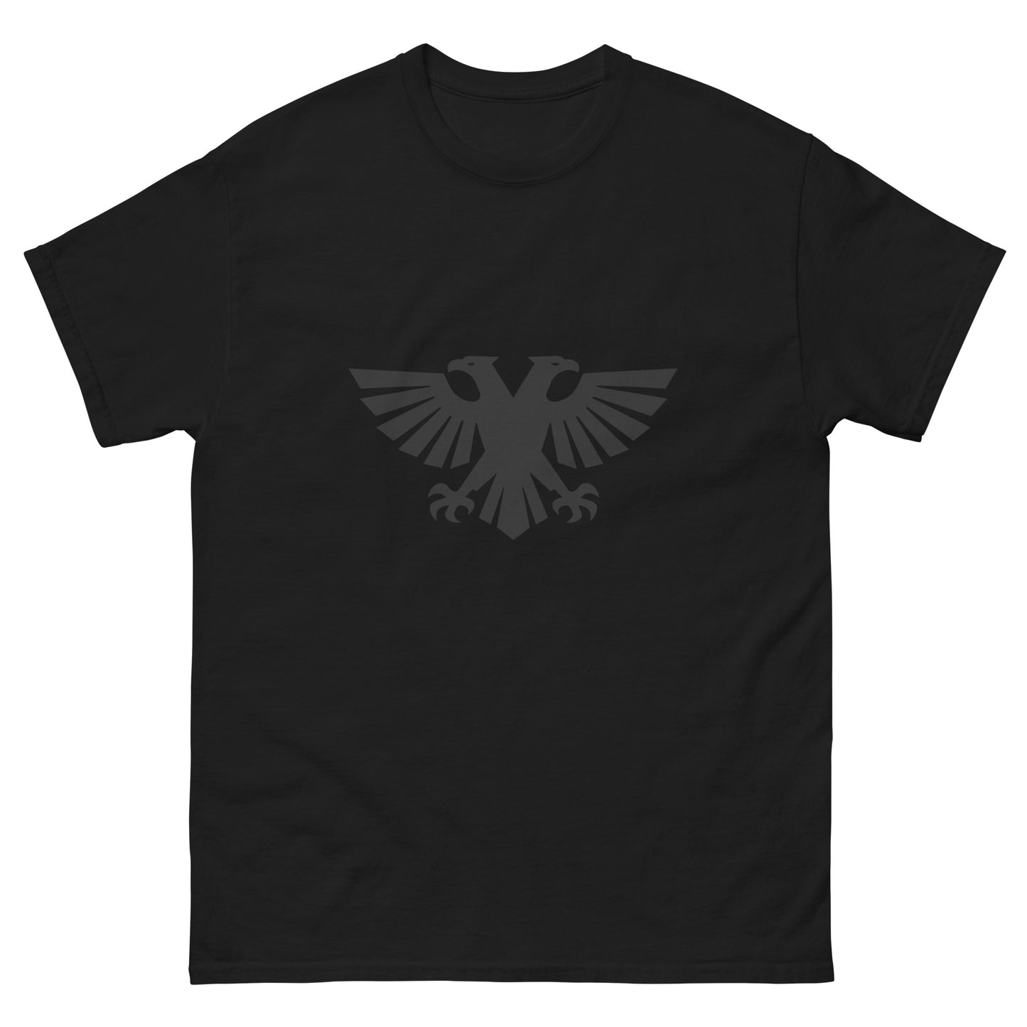 Lie flat view of black Völkur Peak Forge Warhammer 40K chest print t-shirt tabletop gaming apparel