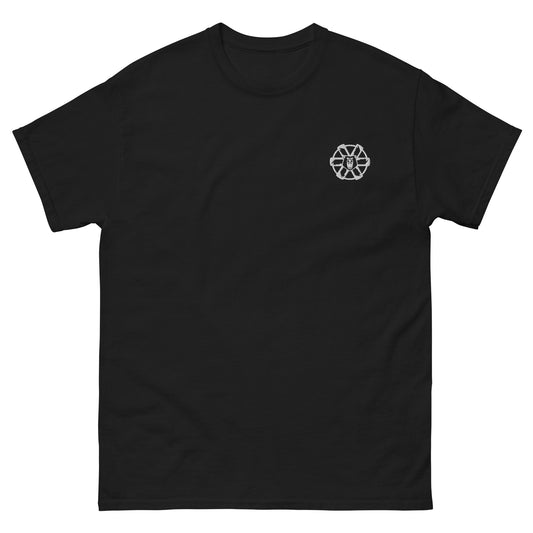 Black lie-flat t-shirt with embroidered Clan Ghost Bear logo, front view, unisex sci-fi gaming tee