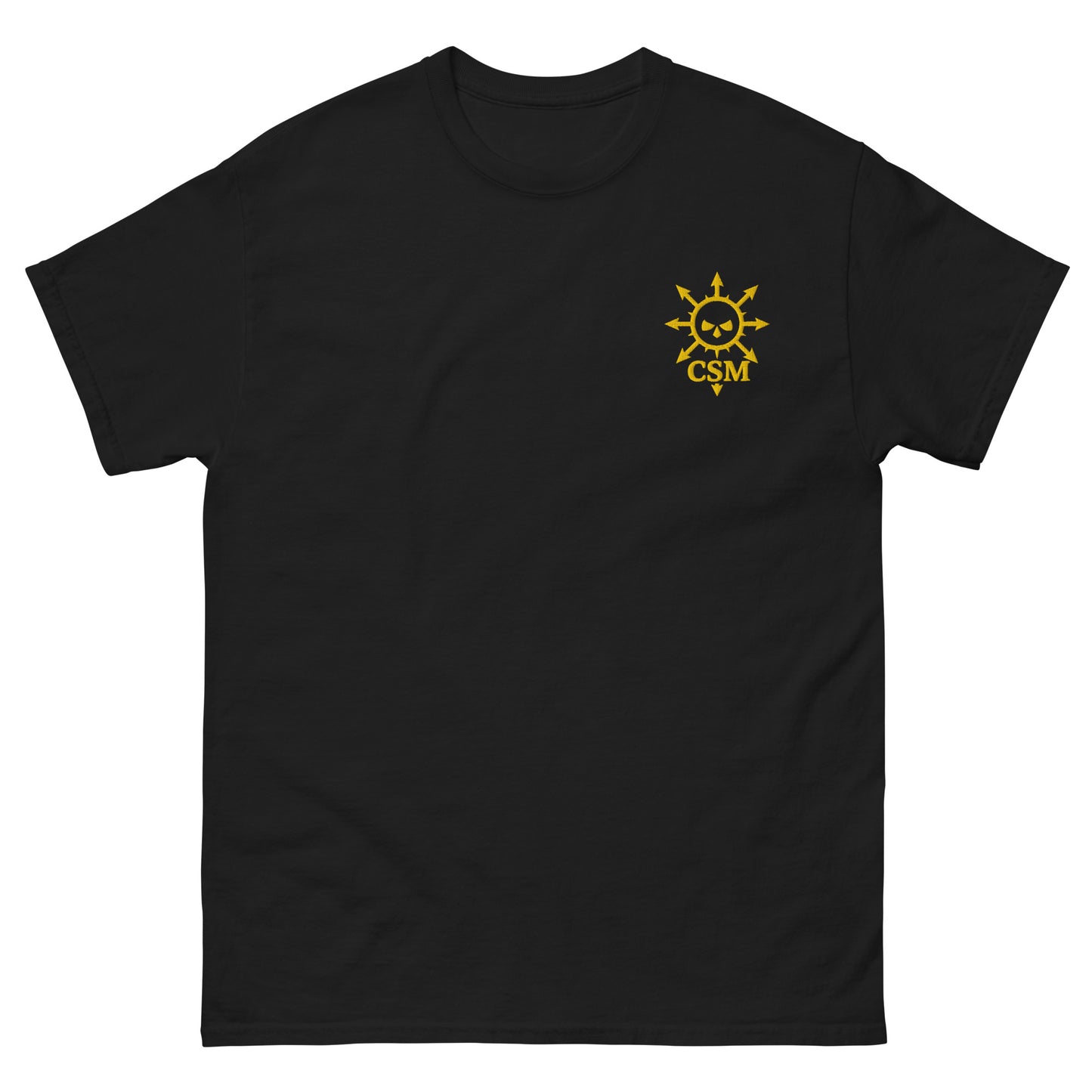 Lie-flat black t-shirt featuring a custom Chaos Space Marine-style embroidered logo, unisex fit, sci-fi gaming inspired design