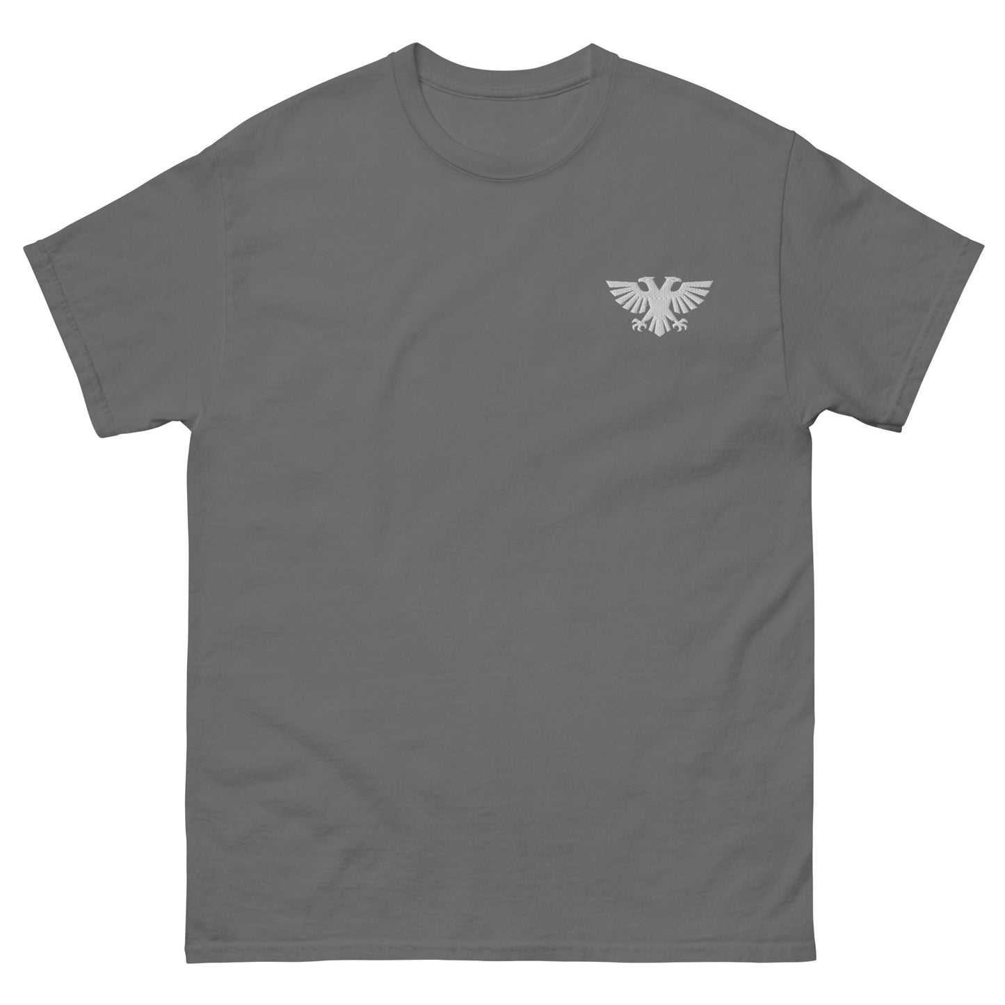 Front view of charcoal Völkur Peak Forge Warhammer 40K logo t-shirt tabletop gaming apparel