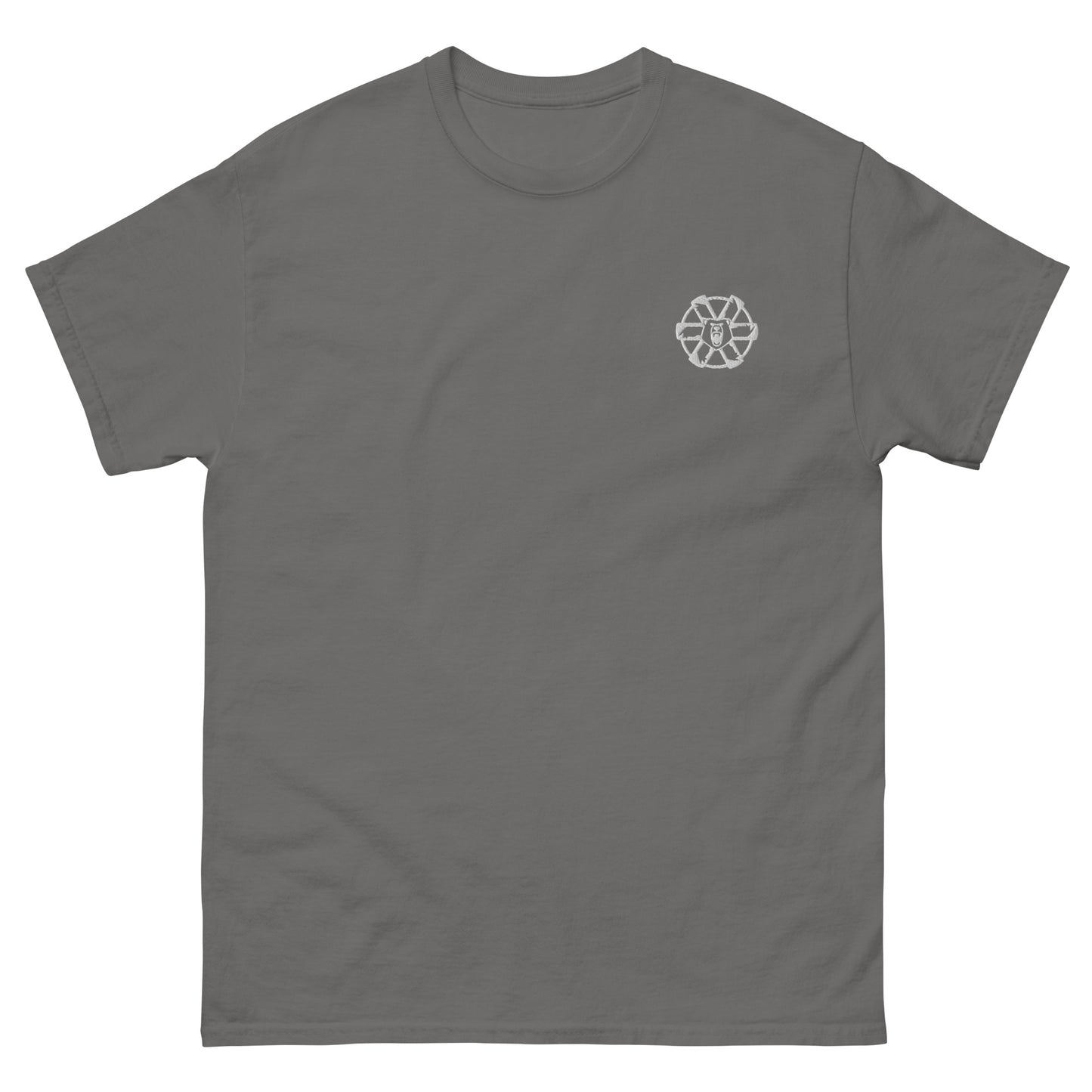 Heather lie-flat t-shirt with embroidered Clan Ghost Bear logo, front view, unisex sci-fi gaming tee
