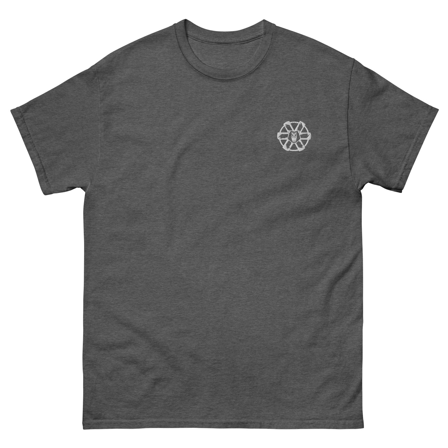 Grey lie-flat t-shirt with embroidered Clan Ghost Bear logo, front view, unisex sci-fi gaming tee