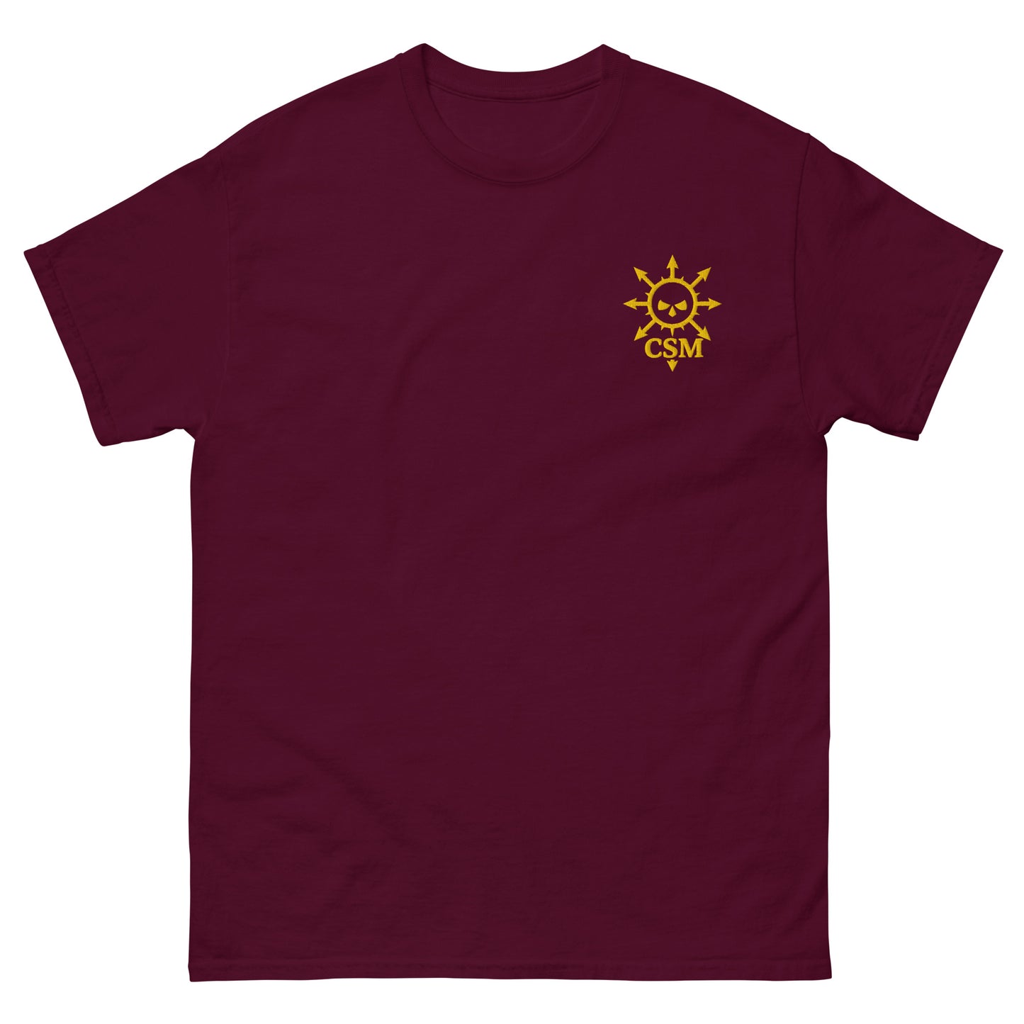 Lie-flat maroon t-shirt featuring a custom Chaos Space Marine-style embroidered logo, unisex fit, sci-fi gaming inspired design