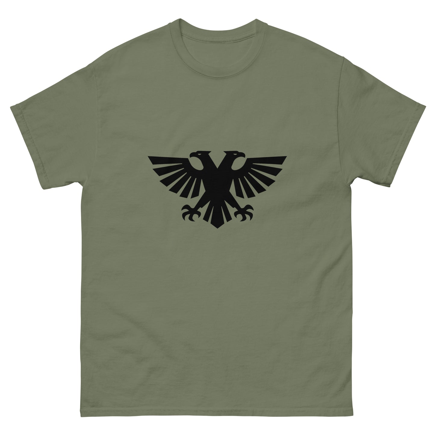 Lie flat view of military green Völkur Peak Forge Warhammer 40K chest print t-shirt tabletop gaming apparel