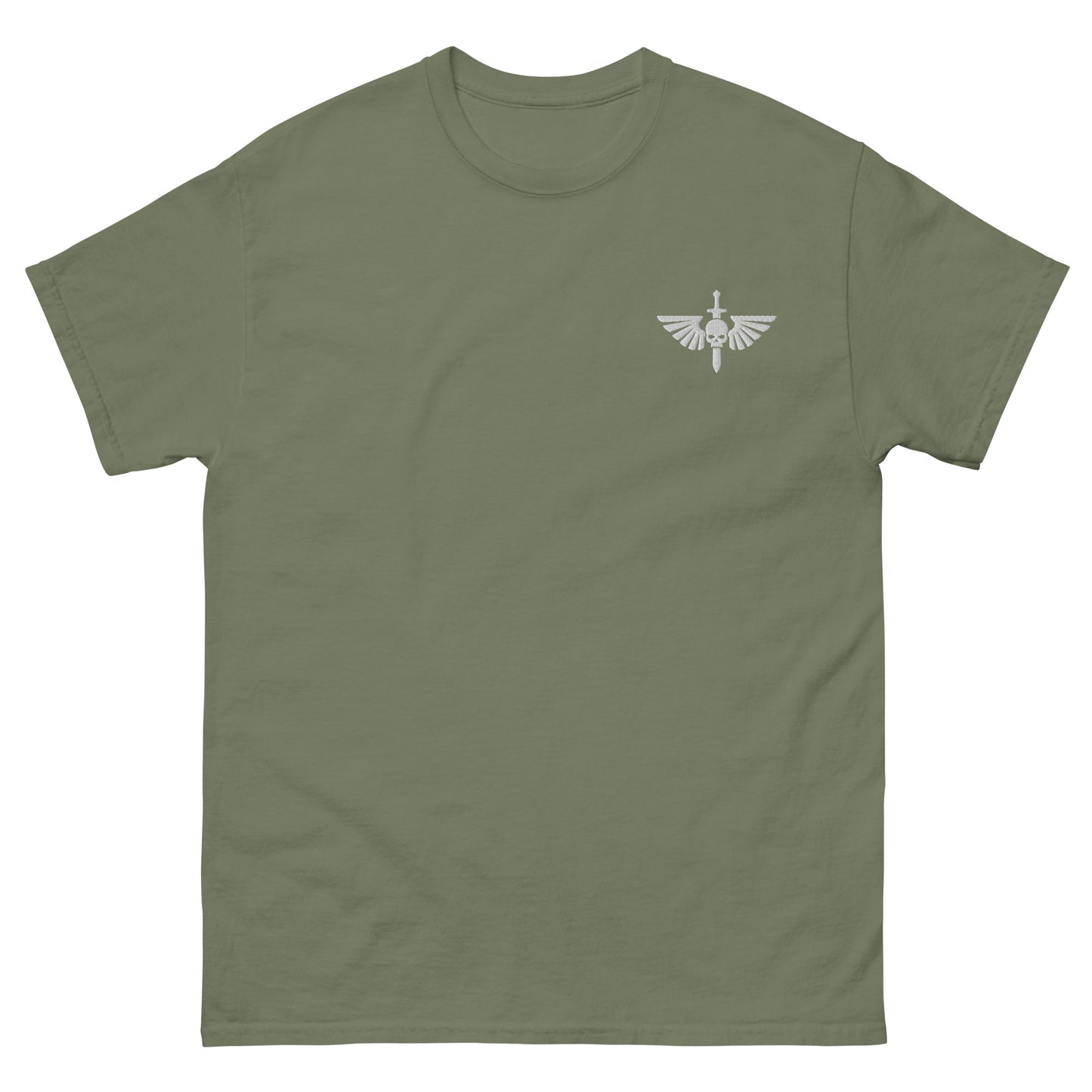 Military green sci-fi marine t-shirt laid flat, front view, featuring embroidered futuristic space marine emblem on the chest. Tabletop and wargaming inspired.