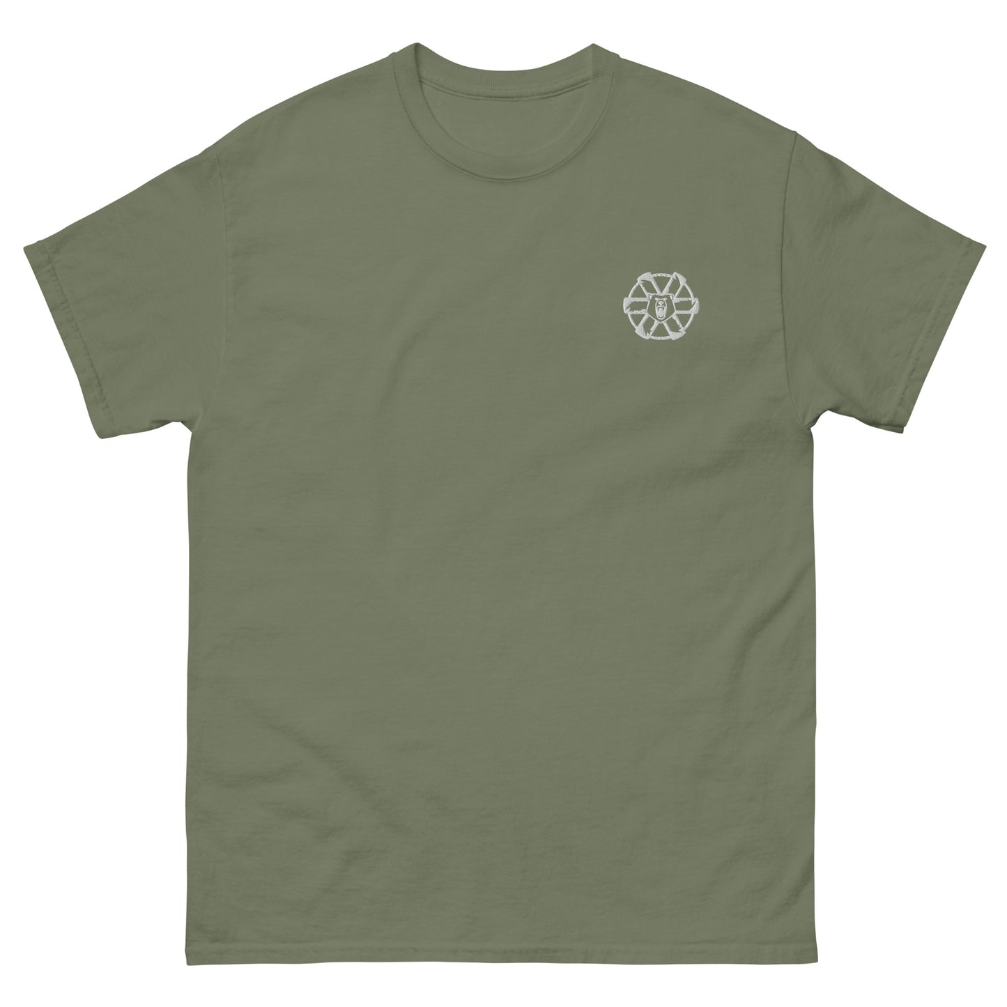 Military green lie-flat t-shirt with embroidered Clan Ghost Bear logo, front view, unisex sci-fi gaming tee