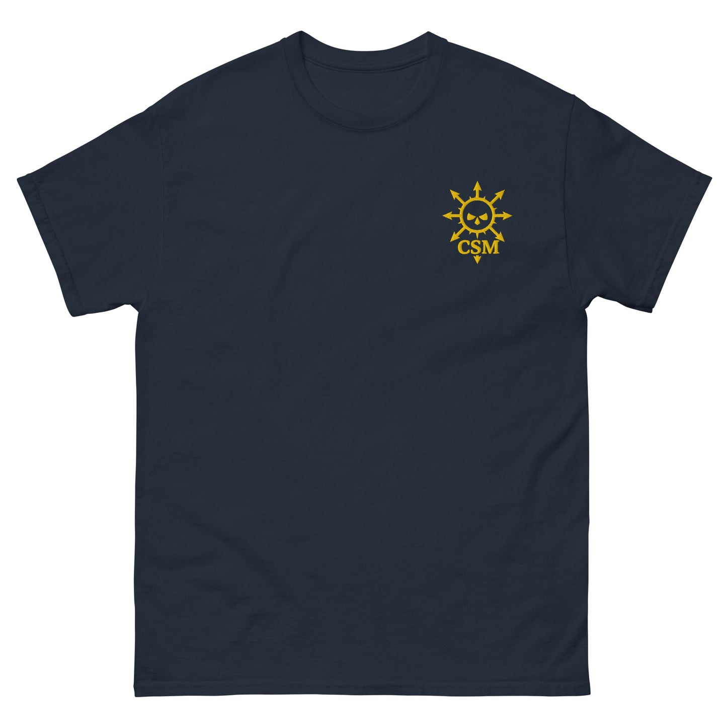 Lie-flat navy t-shirt featuring a custom Chaos Space Marine-style embroidered logo, unisex fit, sci-fi gaming inspired design