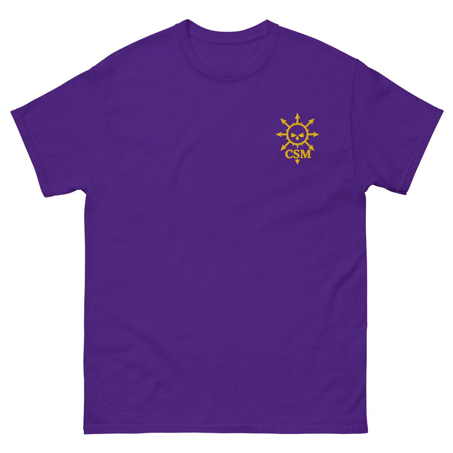 Lie-flat purple t-shirt featuring a custom Chaos Space Marine-style embroidered logo, unisex fit, sci-fi gaming inspired design