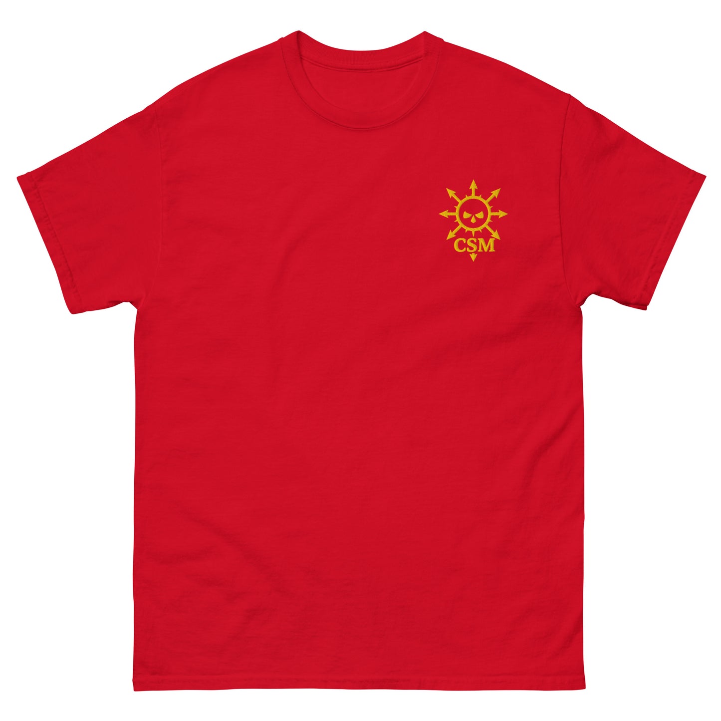 Lie-flat red t-shirt featuring a custom Chaos Space Marine-style embroidered logo, unisex fit, sci-fi gaming inspired design