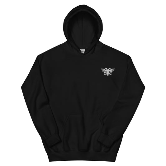 Lie flat view of Völkur Peak Forge Warhammer 40K logo hoodie tabletop gaming apparel