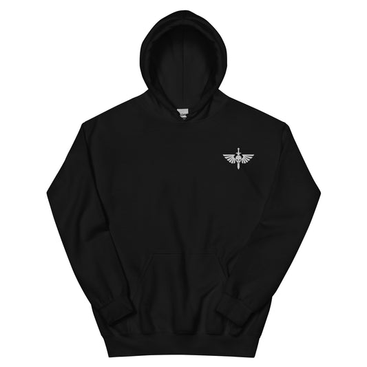 Space Marine logo hoody lying flat showing front design in black sci-fi gaming sweatshirt