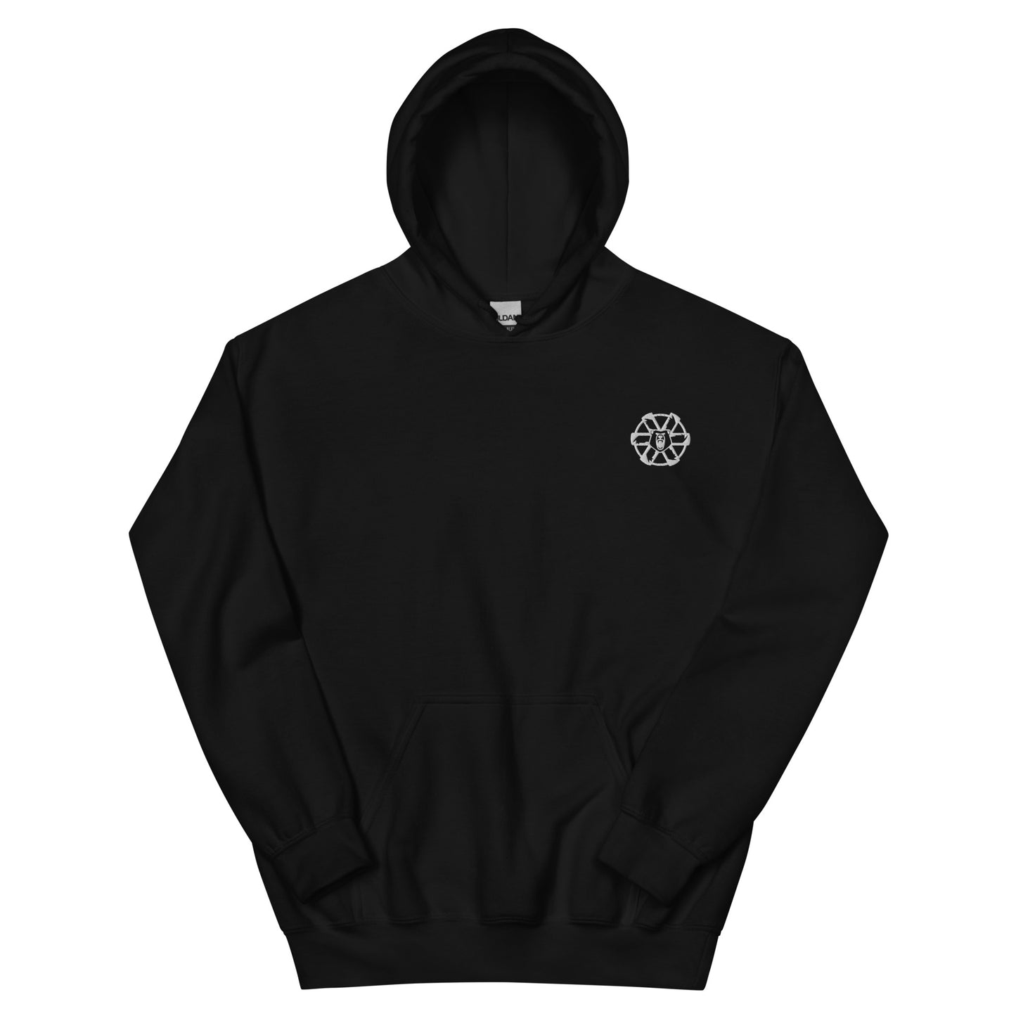 Black sci-fi mech clan hoodie laid flat, front view, featuring embroidered futuristic mech clan emblem on the chest. Tabletop and wargaming inspired apparel.