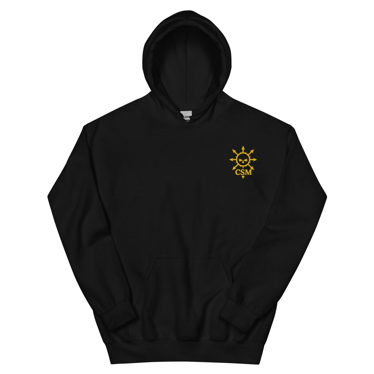Black Chaos Space embroidered logo black hoody laid flat, sci‑fi gaming apparel front view