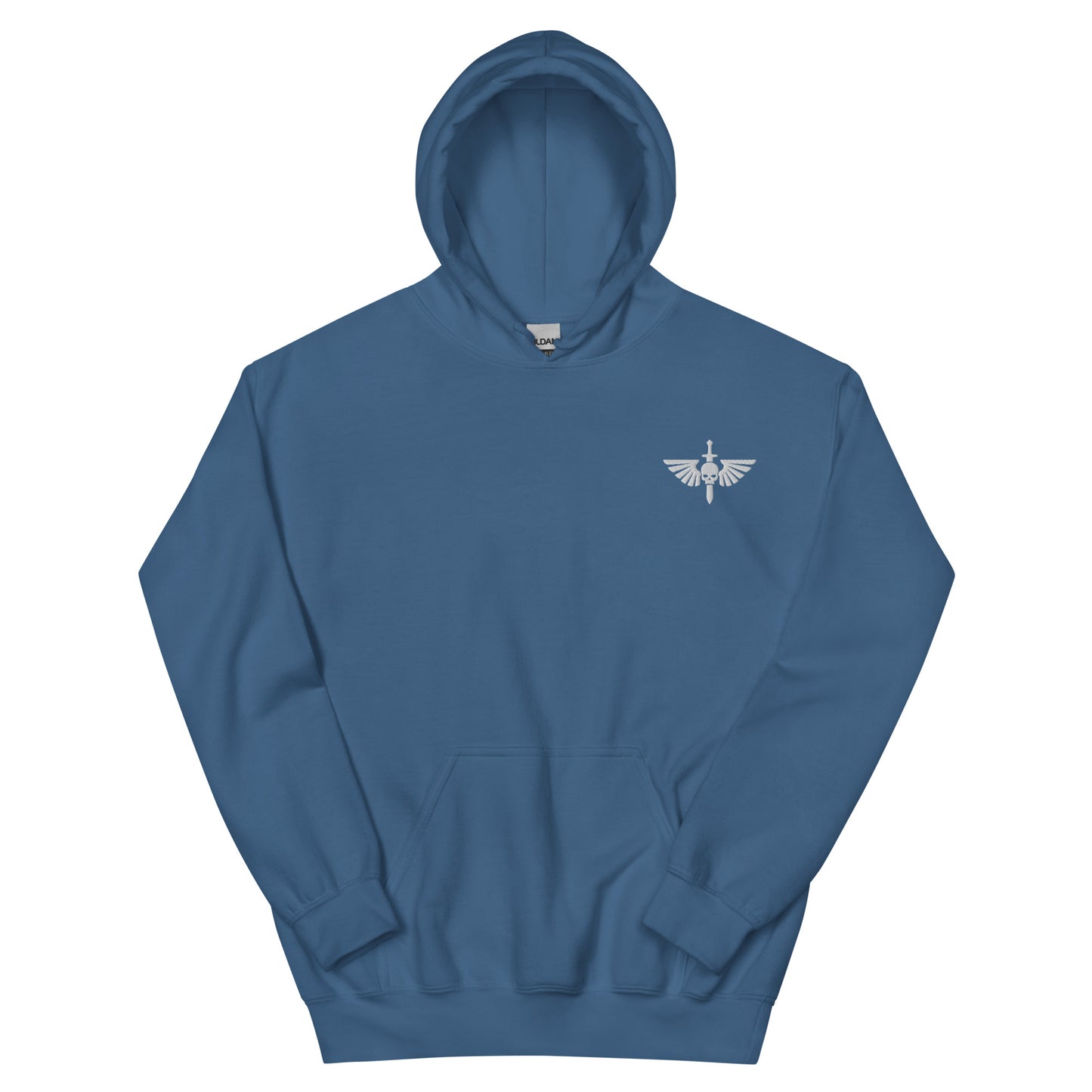 Space Marine logo hoody lying flat front view in blue sci-fi gaming sweatshirt