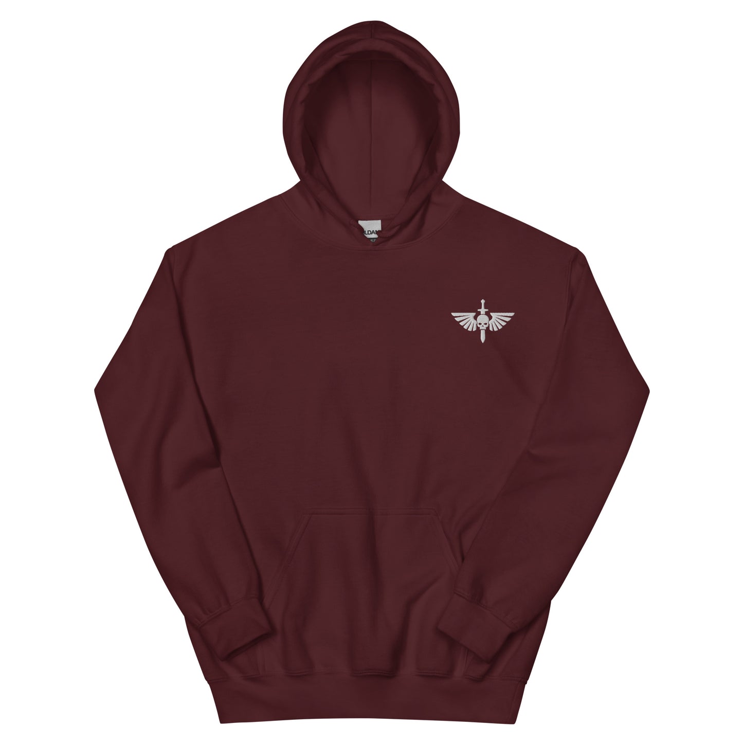 Space Marine logo hoody lying flat front view in maroon sci-fi gaming sweatshirt