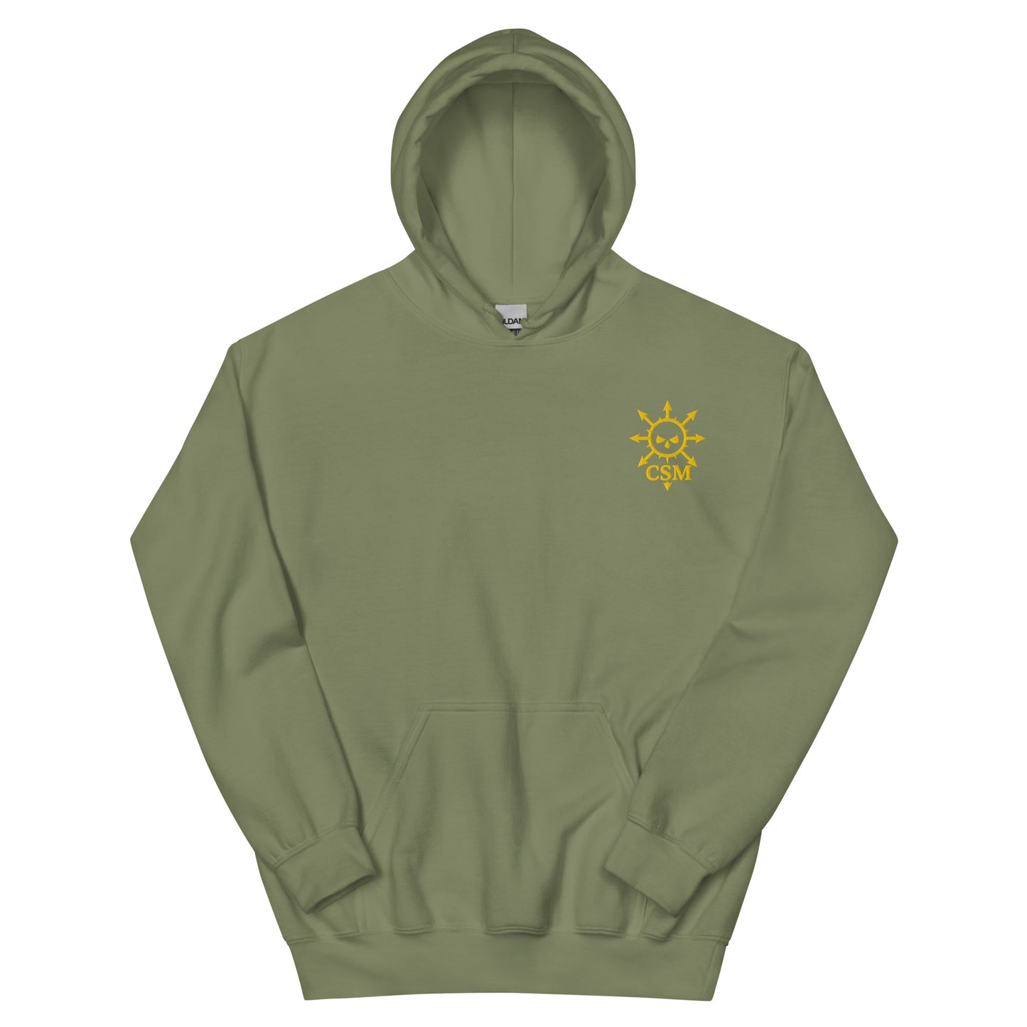 Military green Chaos Space embroidered logo black hoody laid flat, sci‑fi gaming apparel front view