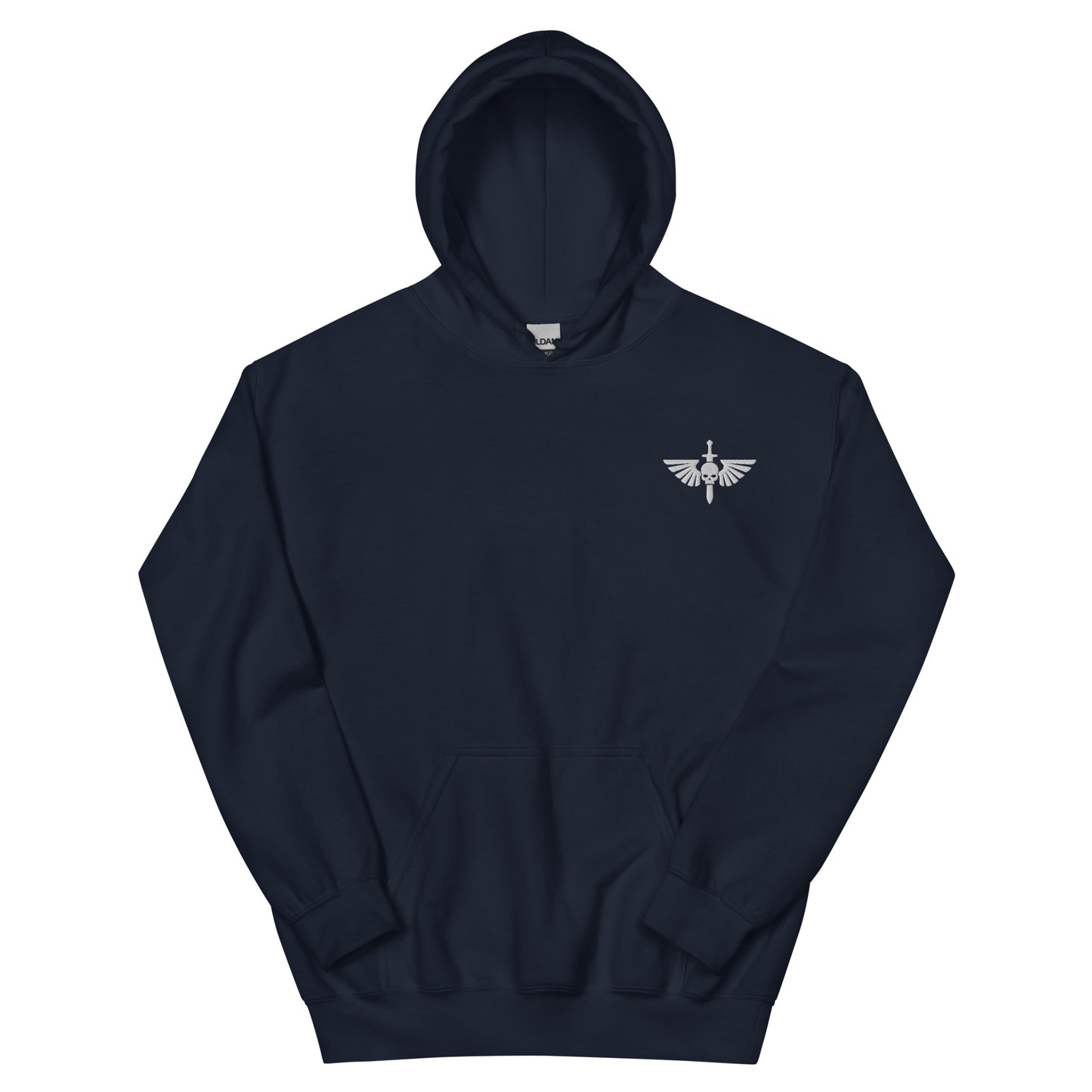 Space Marine logo hoody lying flat front view in navy sci-fi gaming sweatshirt