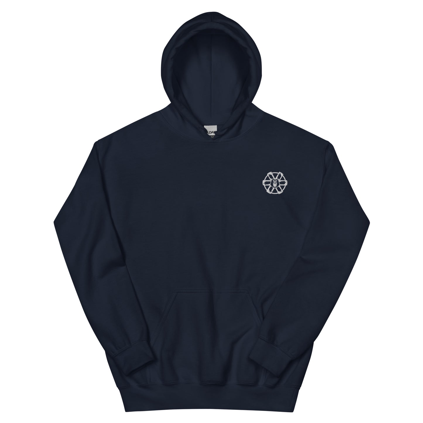 Navy sci-fi mech clan hoodie laid flat, front view, featuring embroidered futuristic mech clan emblem on the chest. Tabletop and wargaming inspired apparel.