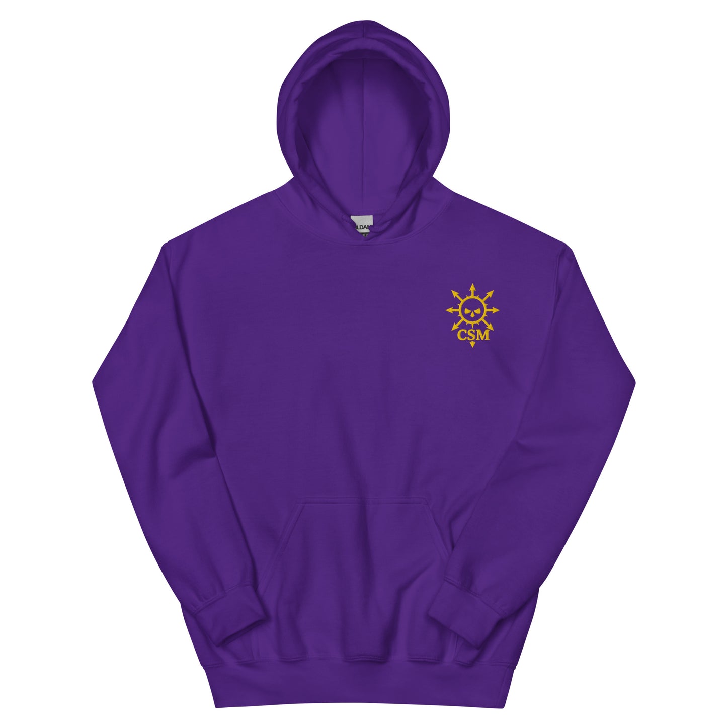 Purple Chaos Space embroidered logo black hoody laid flat, sci‑fi gaming apparel front view