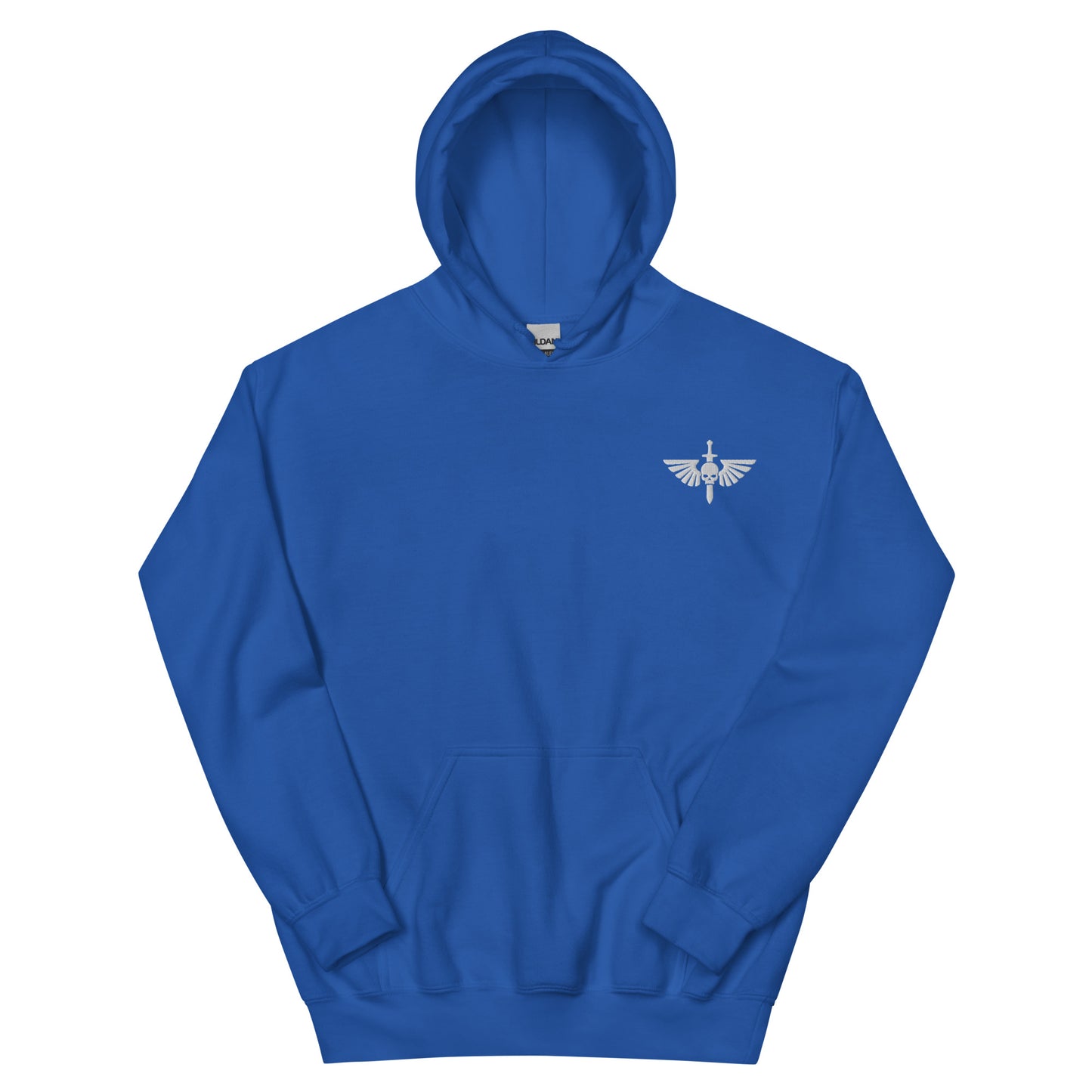 Space Marine logo hoody lying flat front view in blue sci-fi gaming sweatshirt