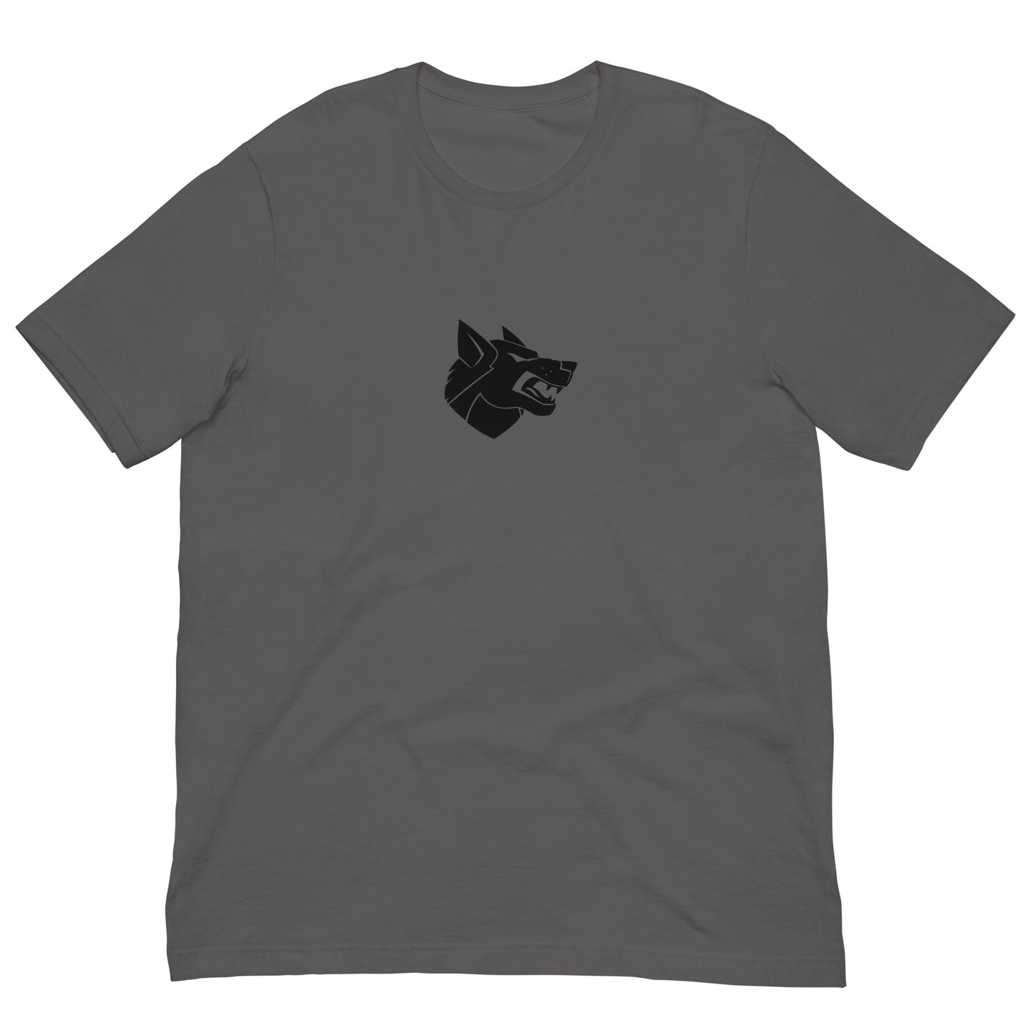 Grey Clan Wolf style T-shirt inspired by BattleTech, lie-flat apparel photo with printed logo