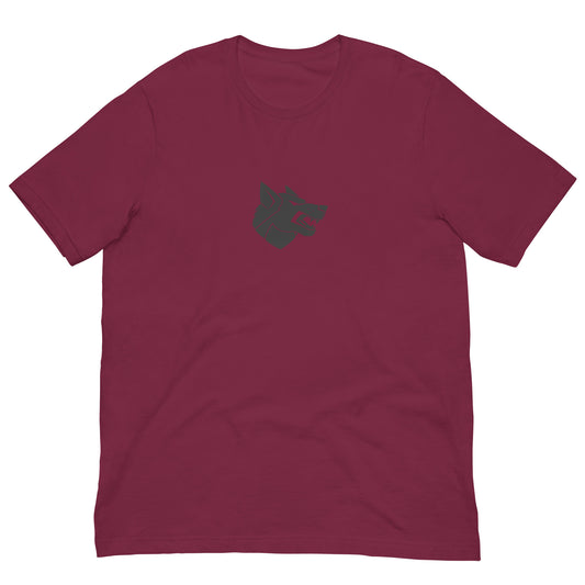 Maroon Clan Wolf style T-shirt inspired by BattleTech, lie-flat apparel photo with printed logo