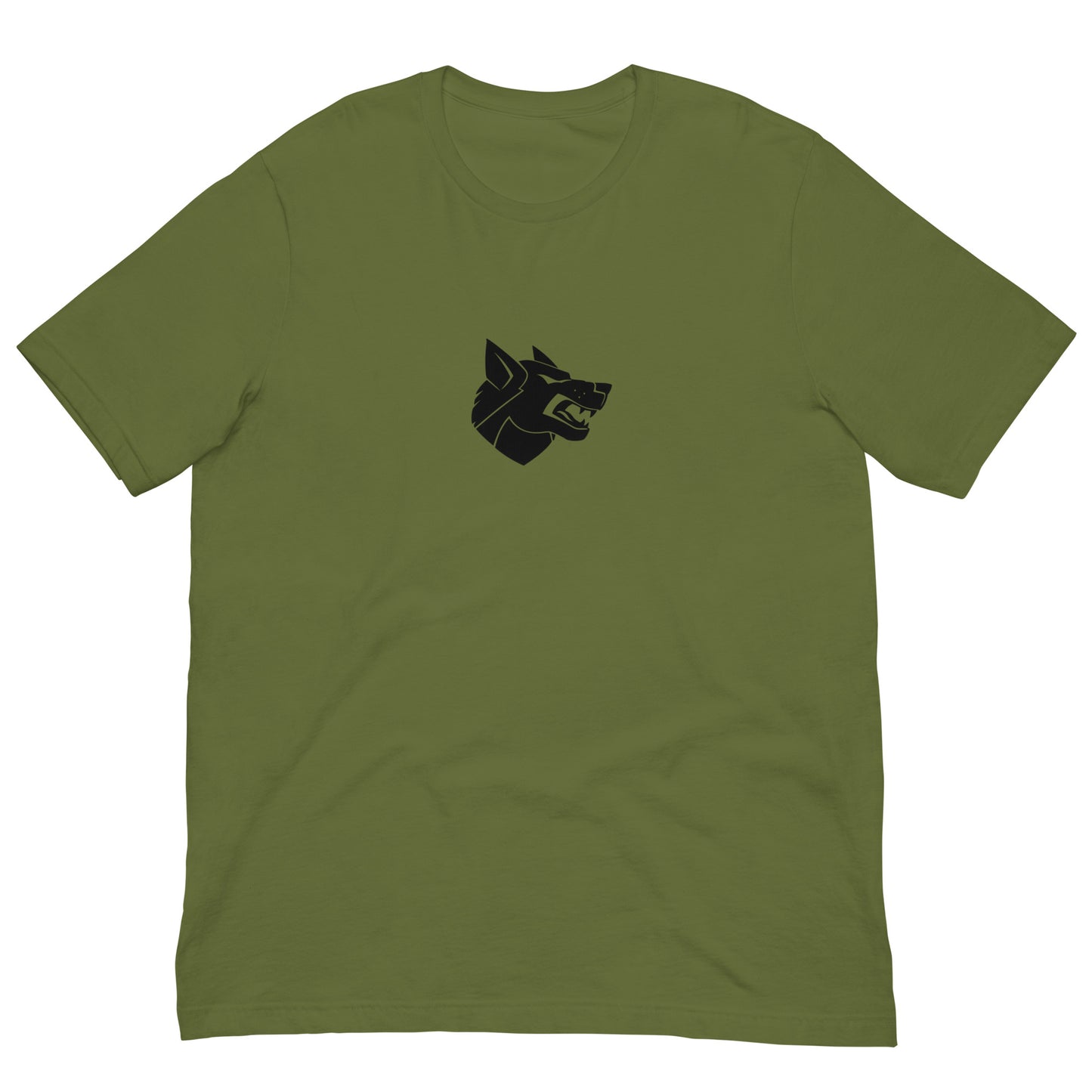 Green Clan Wolf style T-shirt inspired by BattleTech, lie-flat apparel photo with printed logo