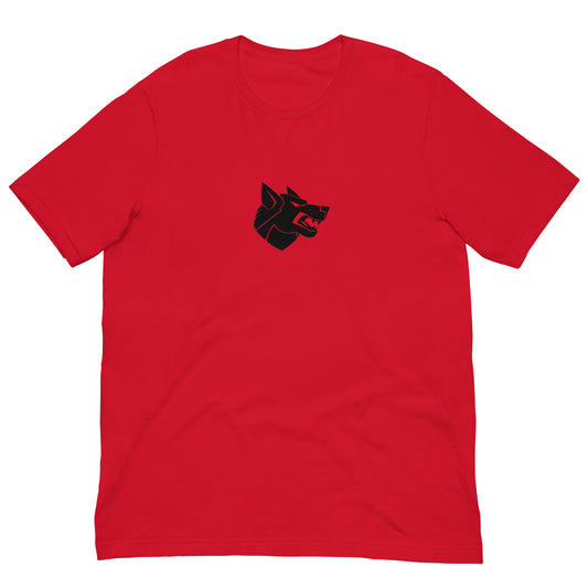 Red Clan Wolf style T-shirt inspired by BattleTech, lie-flat apparel photo with printed logo